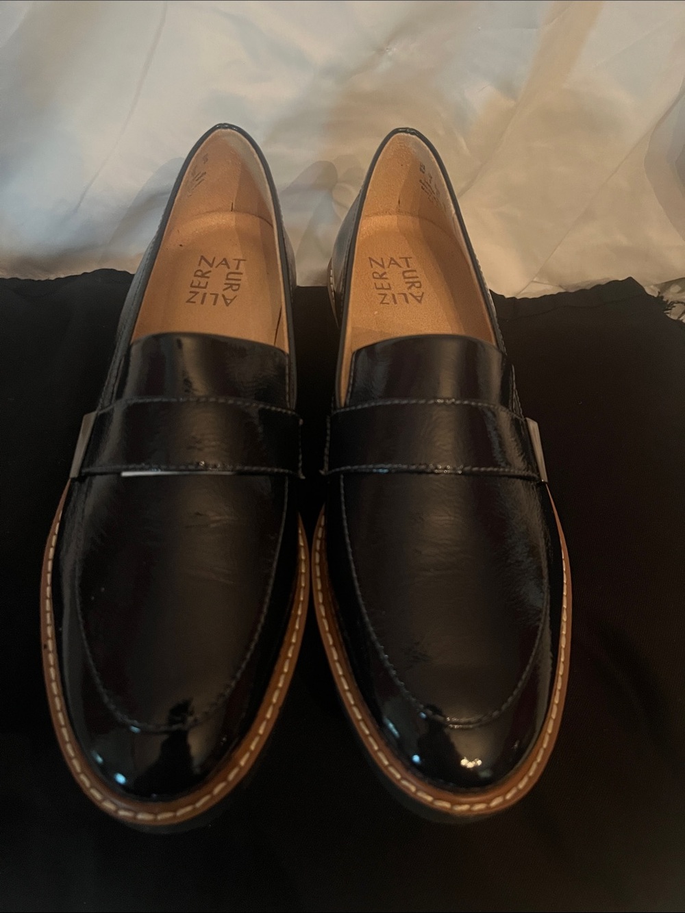 Naturalizer Navy/Black Patent Leather Penny Loafers with Tan Trim